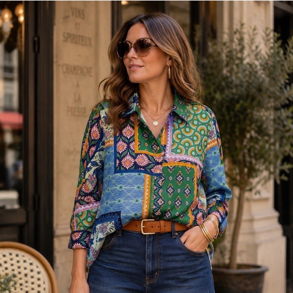 Rachel Zoe Patchwork Floral Boho Chic Luxe Blouse Shirt Top Button Down Sz 1X